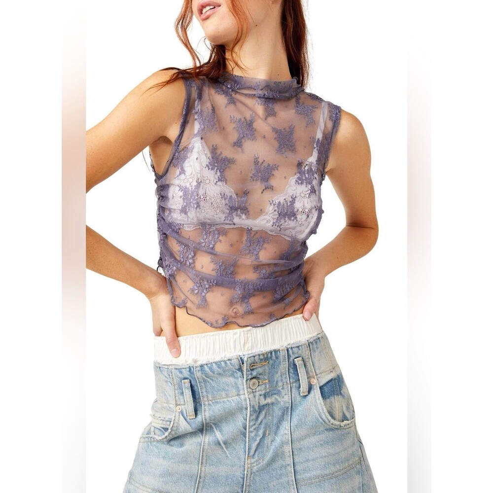 Free People Nice Try Sheer Lace Tank Sz S. P Lavender Mesh Embroidered Sexy Chic